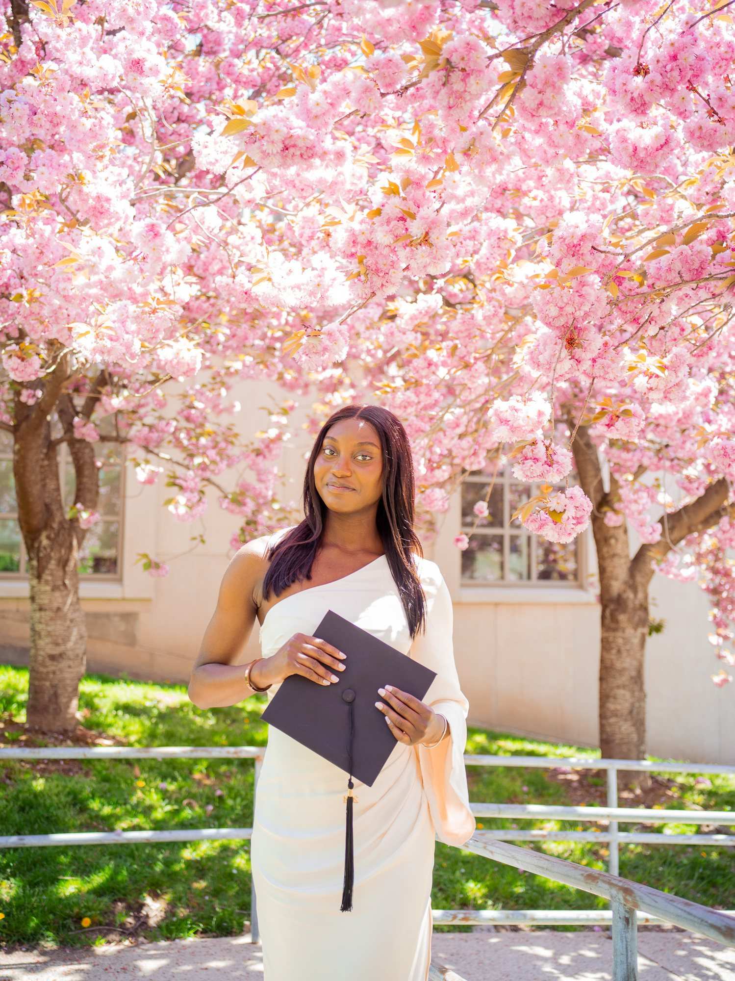 A woman in a white dress holds a graduation cap under a cherry tree in bloom